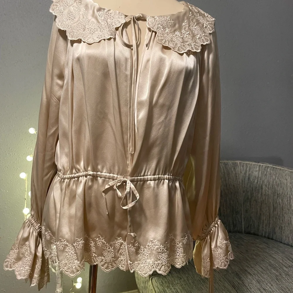 Reformation Cream Satin Lace-Trim Peasant Blouse